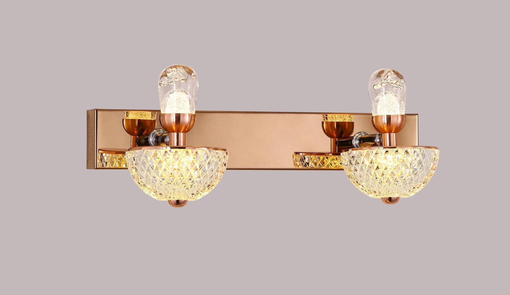 swanart Modern Rose Gold Wall Sconce - Dual LED Wall Light with Diamond Cut Glass Shades, Energy Efficient, Ideal for Living Room, Bedroom, and Hallway Decor