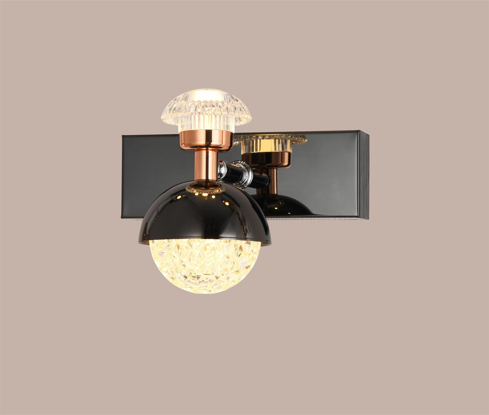 swanart Modern Rose Gold and Black Crystal Wall Sconce - LED Wall Light with Dual Shade Design, Energy Efficient, Ideal for Living Room, Bedroom, and Hallway Decor