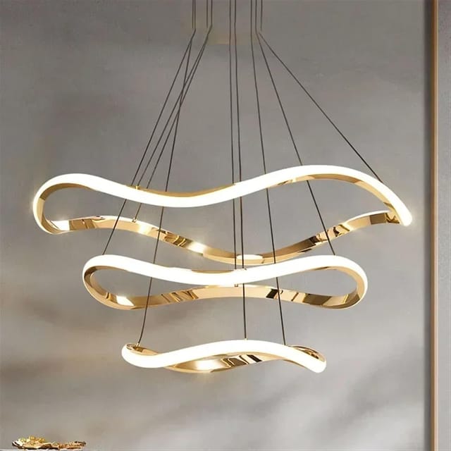 Swanart Modern LED Hanging Light – Wave Design Pendant Light with Gold Finish, 3-Color Dimmable LED Ceiling Fixture for Living Room, Dining Room, Bedroom – Artistic Modern Pendant